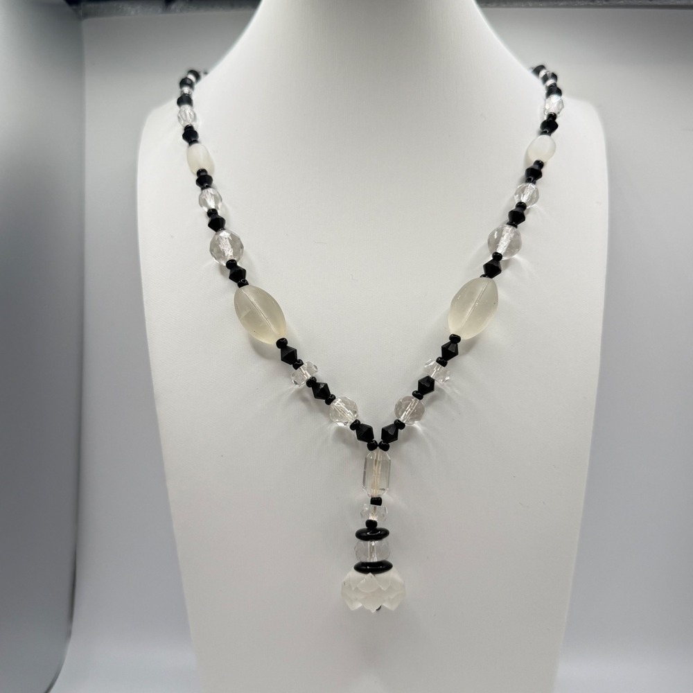 Vintage Style Black and Frosted Clear Glass Beaded Necklace Flower Pendant